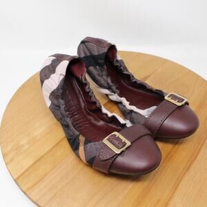 Burberry Shoes Womens 7.5 Nova Check Canvas Scrunch Ballet Flats Burgundy Luxury